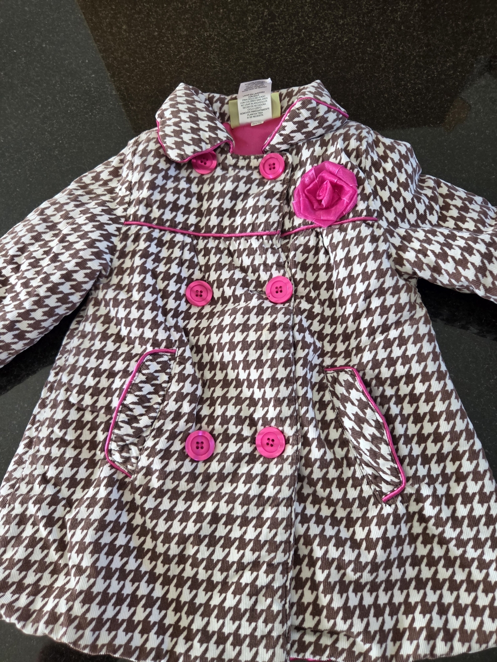 Girls' Penelope Mac.Brown & Hot Pink Houndstooth Coat with Flower Accent